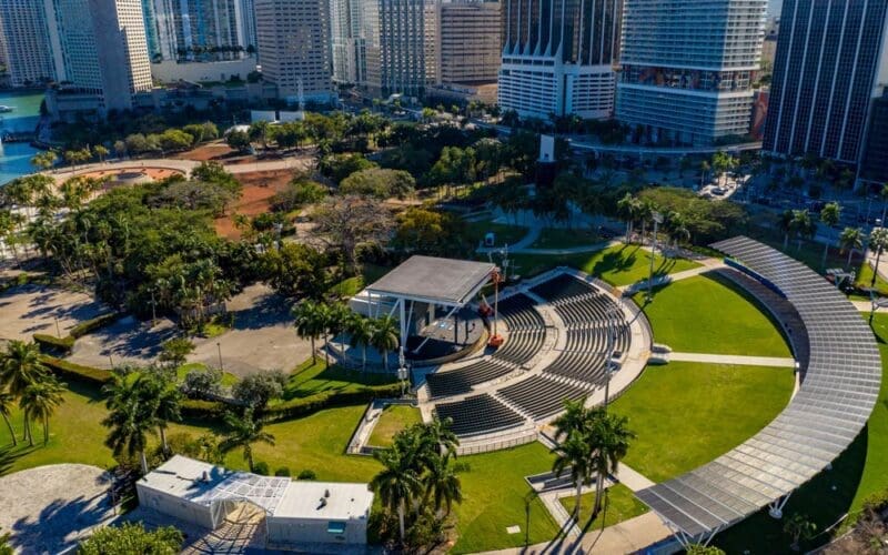 Aerial view of Bayfront Park Amphitheater in Downtown Miami