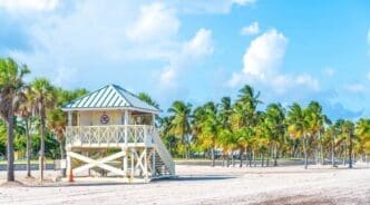 A white lifeguard tower with a green roof stands on the sandy beach of Crandon Park, surrounded by palm trees under a blue sky.